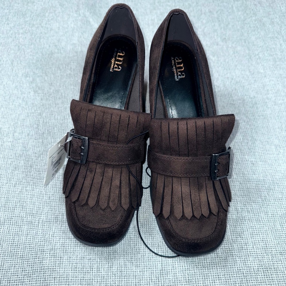 ANA Faxon Chocolate Brown Faux Suede Kiltie Fringe Block Heel Loafers Womens 10M